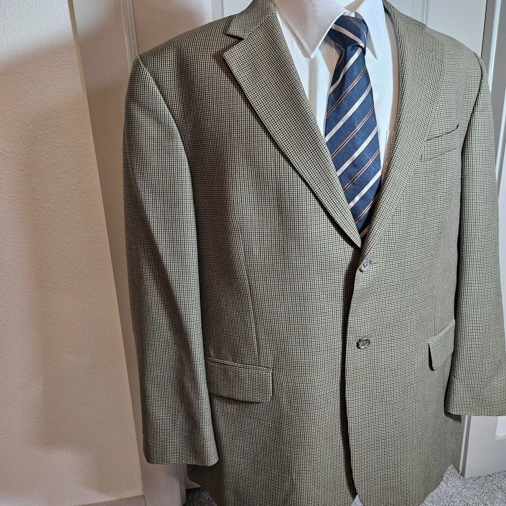 Stafford Suit Blazer Sport Coat Men 46R Wool Blend Houndstooth Khaki Brown‎